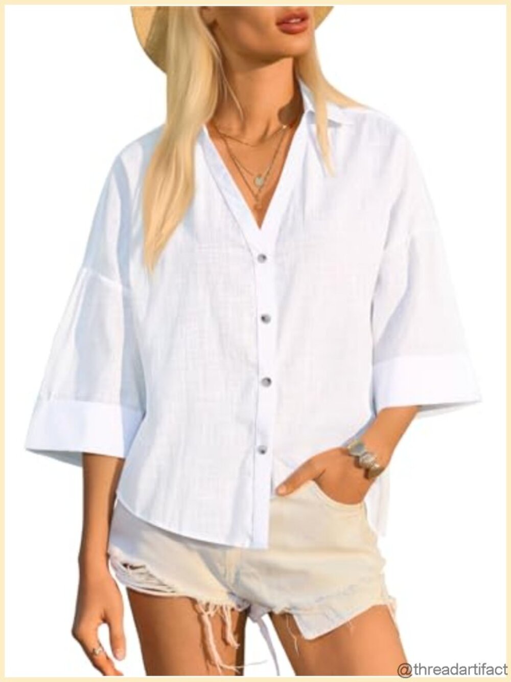 Womens 3/4 Bell Sleeve Striped V Neck Button Down Shirt Loose Fit Summer Top